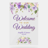 Floral Welcome Wedding Paarse Gold Waterverf Acryl Bord (Voorkant)