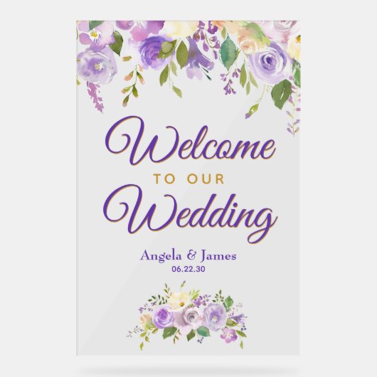 Floral Welcome Wedding Paarse Gold Waterverf Acryl Bord (Voorkant)