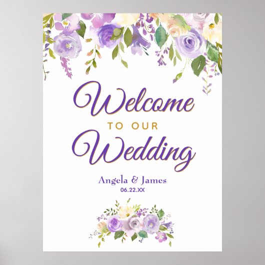 Floral Welcome Wedding Paarse Gold Waterverf Poster (Voorkant)