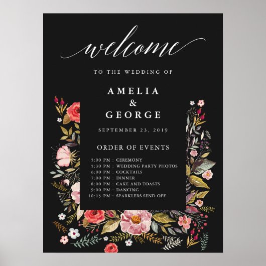 Floral welkome volgorde van evenementen bruiloft b poster (Voorkant)