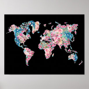 Floral-Wereldkaart Poster