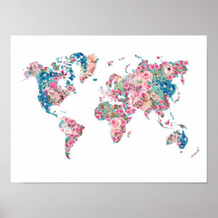 Floral-Wereldkaart Poster