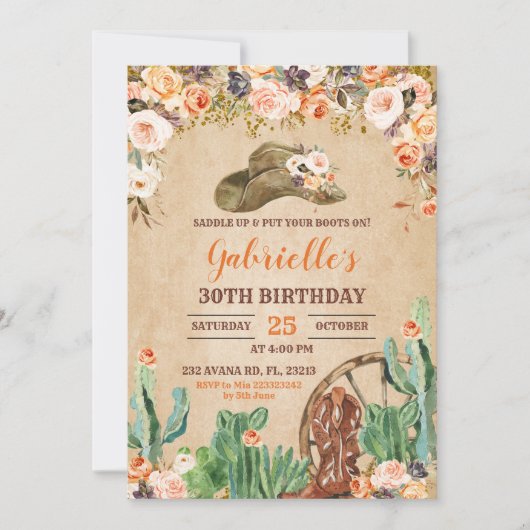 Floral Western Cowgirl Birthday Uitnodiging (Voorkant)