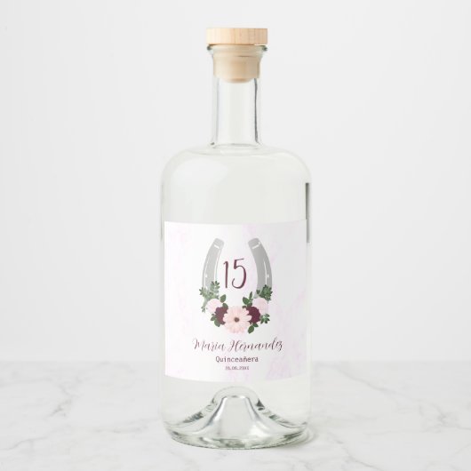 Floral Western Hoefijzer Quinceanera Likeurfles Etiket (Voorkant)