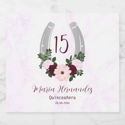 Floral Western Hoefijzer Quinceanera Sparkling Wijnetiket (Enkel label)