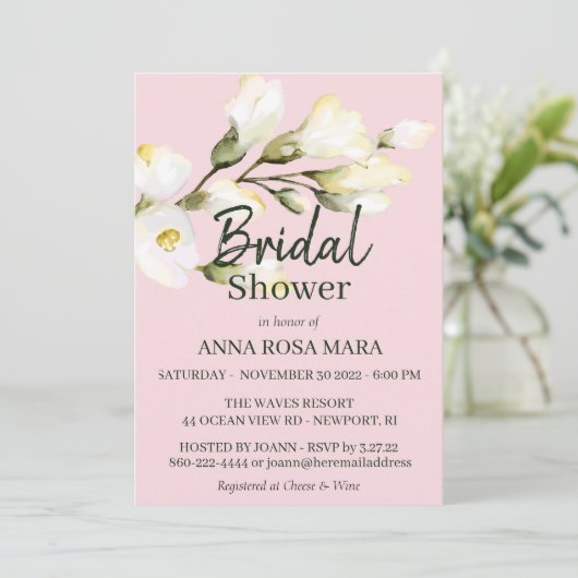 *~* Floral White Beach Roos Waterverf Bruids Invi Kaart (Staand voorkant)