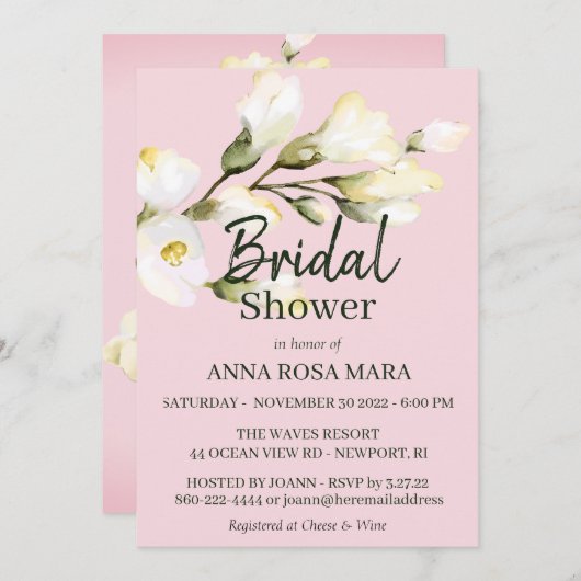 *~* Floral White Beach Roos Waterverf Bruids Invi Kaart (Voorkant / Achterkant)