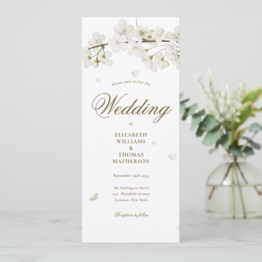 Floral White Blossom Gold Script Weddenschap Kaart (Staand voorkant)