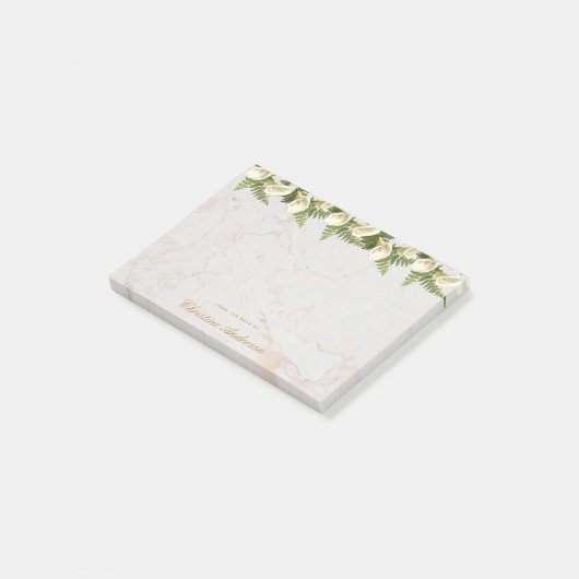 Floral White Calla Lelies Marmer Gouden Script Post-it® Notes (Schuin)