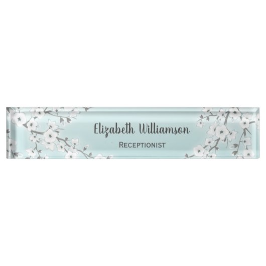 Floral White Cherry Blossom Mint Desk Name Bord Naambordje (Voorkant)