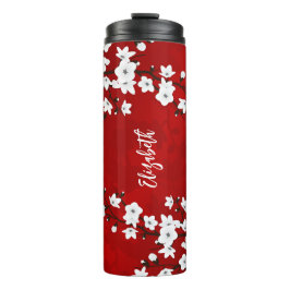 Floral White Cherry Blossom Monogram Jouw naam Thermosbeker