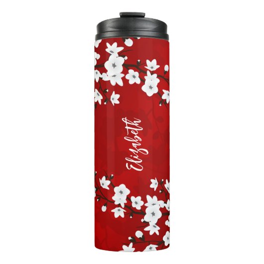 Floral White Cherry Blossom Monogram Jouw naam Thermosbeker (Voorkant)