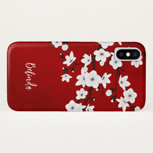Floral White Cherry Blossom Monogram Red Case-Mate iPhone Case (Achterkant (horizontaal))