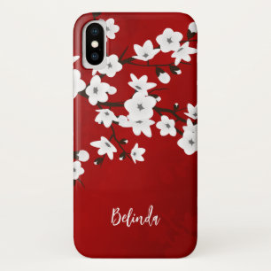 Floral White Cherry Blossom Monogram Red iPhone X Hoesje