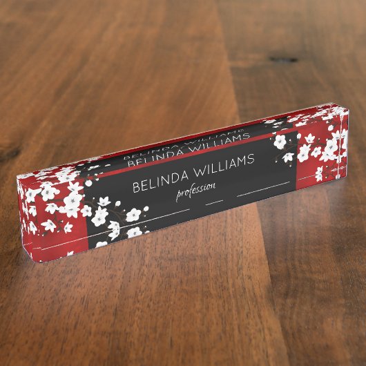 Floral White Cherry Blossom Red Black Salon Naambordje (Zijkant)