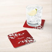 Floral White Cherry Blossom Red Naam Monogram toev Kartonnen Onderzetters (Insitu)