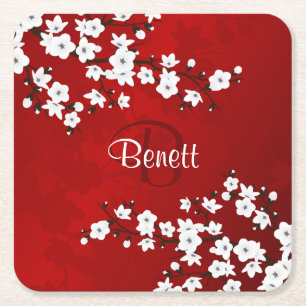 Floral White Cherry Blossom Red Naam Monogram toev Kartonnen Onderzetters