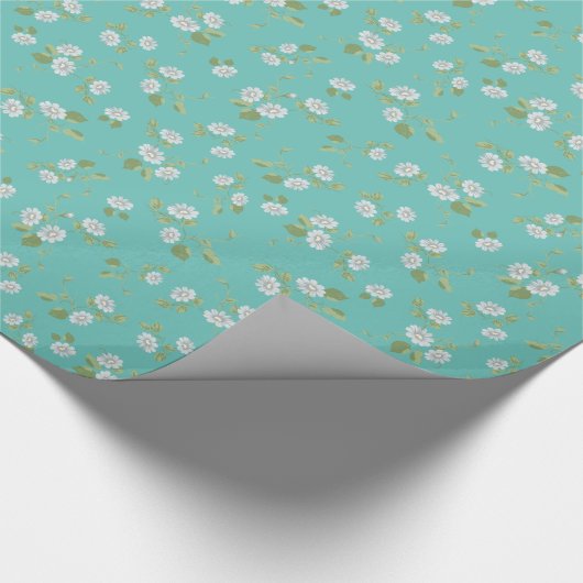  Floral White Daisies Blauwgroen land Cadeaupapier (Hoek)