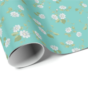 Floral White Daisies Blauwgroen land Cadeaupapier