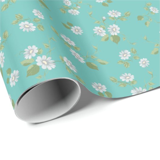  Floral White Daisies Blauwgroen land Cadeaupapier (Rol Hoek)