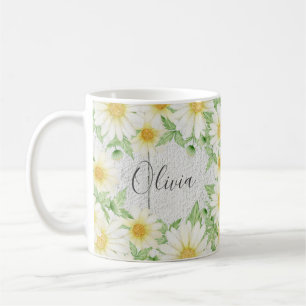 Floral White Daisies Name Waterverf Koffiemok