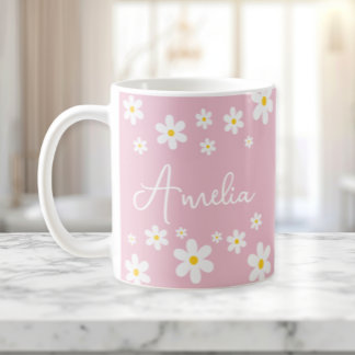 Floral White Daisy Roze Gepersonaliseerde Mok