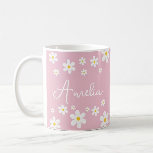 Floral White Daisy Roze Gepersonaliseerde Mok (Links)