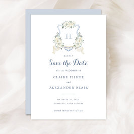 Floral White Dusty Blue Crest Save the Date Kaart
