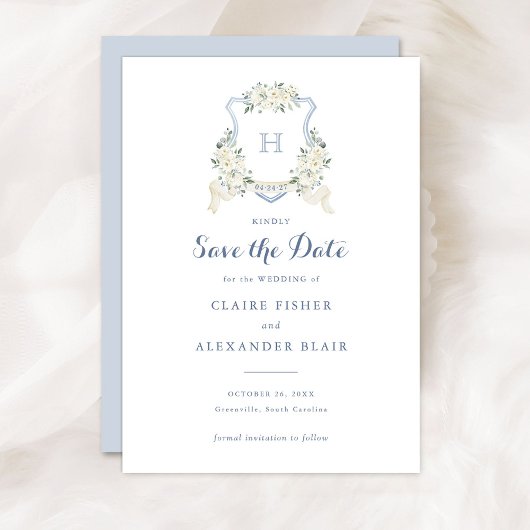 Floral White Dusty Blue Crest Save the Date Kaart