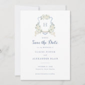 Floral White Dusty Blue Crest Save the Date Kaart (Voorkant)