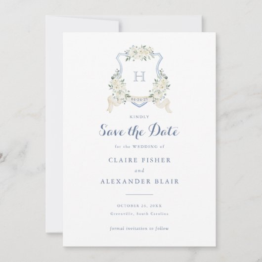 Floral White Dusty Blue Crest Save the Date Kaart (Voorkant)