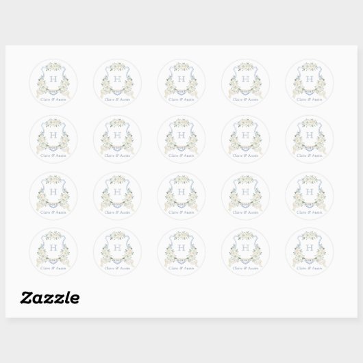Floral White Elegant Dusty Blue Crest Envelope Ronde Sticker (Vel)