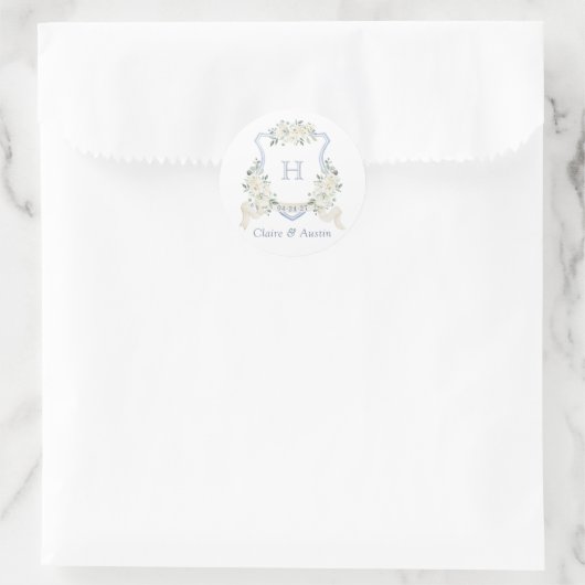 Floral White Elegant Dusty Blue Crest Envelope Ronde Sticker (Tas)