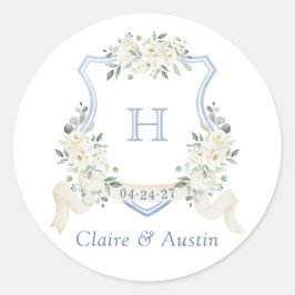 Floral White Elegant Dusty Blue Crest Envelope Ronde Sticker