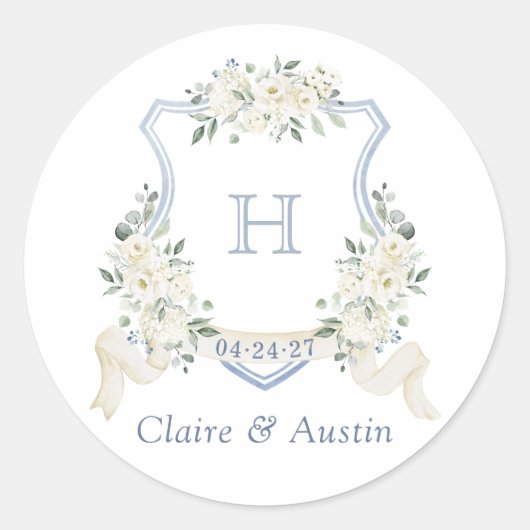 Floral White Elegant Dusty Blue Crest Envelope Ronde Sticker (Voorkant)