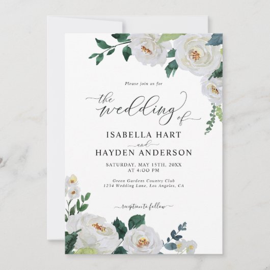 Floral White Emerald Elegant Waterverf Wedding Kaart (Voorkant)