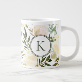Floral White en Green Romantic Waterverf Grote Koffiekop