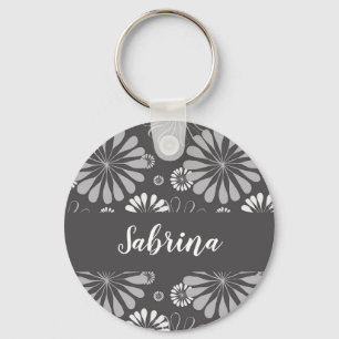 Floral white en grijs sleutelhanger
