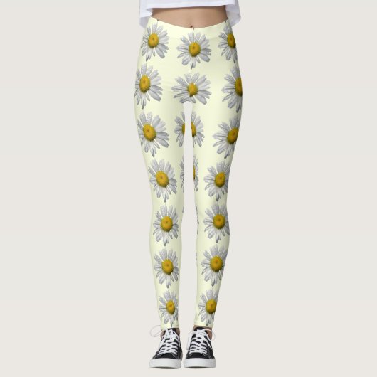 Floral White en Yellow Daisy Flower Leggings (Voorkant)