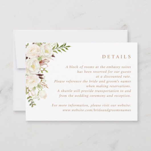 Floral White Greenery Rustic Wood Wedding Details Kaart (Voorkant)