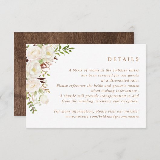 Floral White Greenery Rustic Wood Wedding Details Kaart (Voorkant / Achterkant)