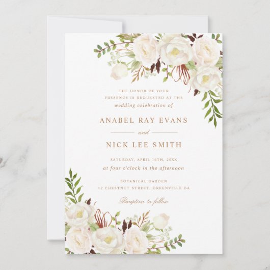 Floral White Greenery Rustic Wood Wedding Kaart (Voorkant)