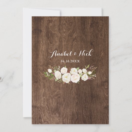 Floral White Greenery Rustic Wood Wedding Kaart (Achterkant)