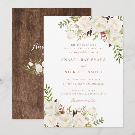 Floral White Greenery Rustic Wood Wedding Kaart (Voorkant / Achterkant)