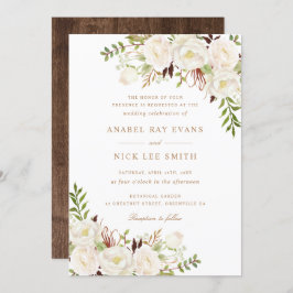 Floral White Greenery Rustic Wood Wedding Kaart