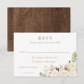 Floral White Greenery Rustic Wood Wedding RSVP Kaart (Voorkant / Achterkant)
