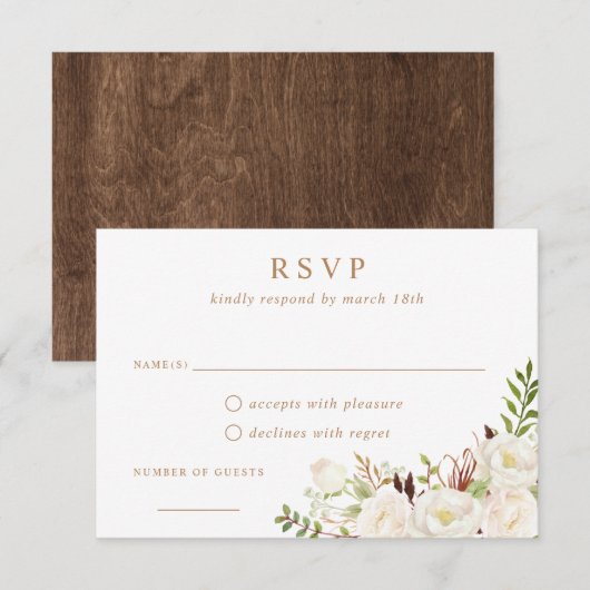 Floral White Greenery Rustic Wood Wedding RSVP Kaart