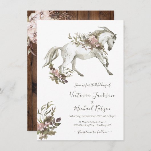 Floral White Horse Ranch Wedding Invitation Kaart (Voorkant / Achterkant)