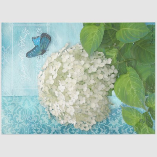 Floral White Hydrangea Blue Butterfly Art Tissuepapier (Voorkant)