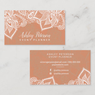 Floral white lace tan koper event planner visitekaartje